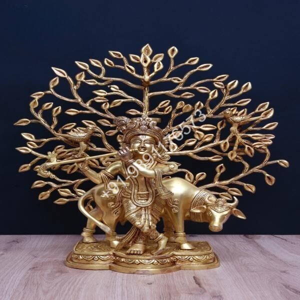 Brass Tree Cow Krishna Statue